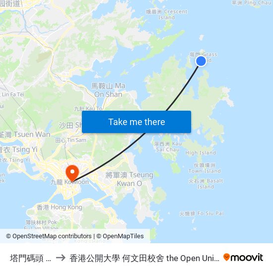 塔門碼頭 Tap Mun Pier to 香港公開大學 何文田校舍 the Open University Of Hong Kong Ho Man Tin Campus map