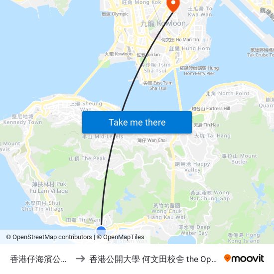 香港仔海濱公園 Aberdeen Promenade to 香港公開大學 何文田校舍 the Open University Of Hong Kong Ho Man Tin Campus map