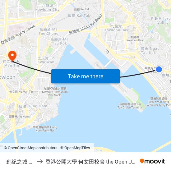 創紀之城 Millennium City to 香港公開大學 何文田校舍 the Open University Of Hong Kong Ho Man Tin Campus map