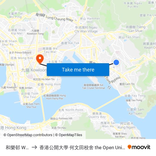 和樂邨 Wo LOK Estate to 香港公開大學 何文田校舍 the Open University Of Hong Kong Ho Man Tin Campus map