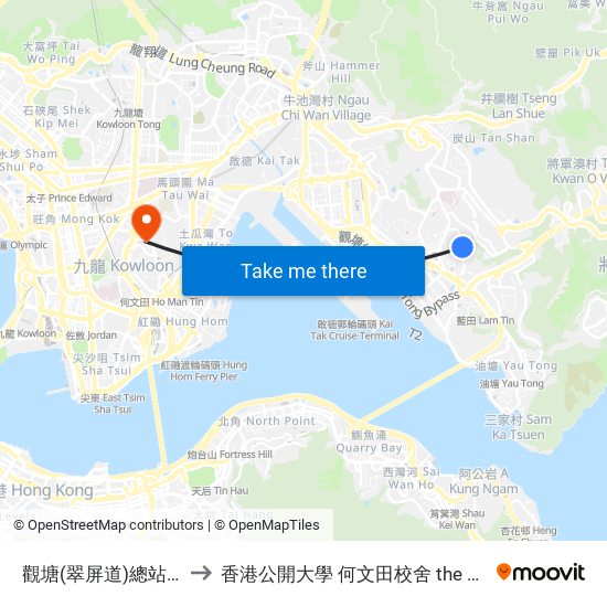 觀塘(翠屏道)總站 Kwun Tong (Tsui Ping Rd.) B/T to 香港公開大學 何文田校舍 the Open University Of Hong Kong Ho Man Tin Campus map