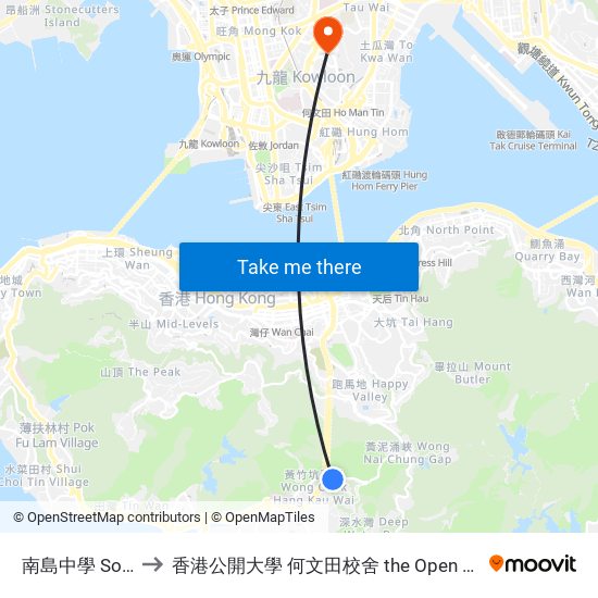 南島中學 South Island School to 香港公開大學 何文田校舍 the Open University Of Hong Kong Ho Man Tin Campus map