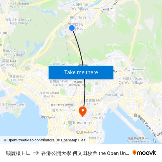 顯慶樓 Hin Hing House to 香港公開大學 何文田校舍 the Open University Of Hong Kong Ho Man Tin Campus map