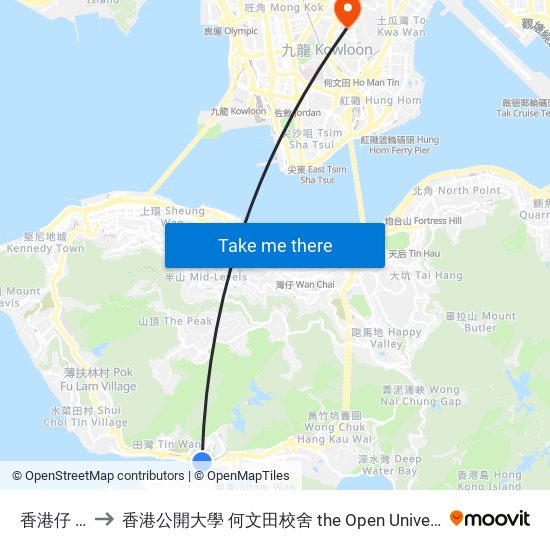 香港仔 Aberdeen to 香港公開大學 何文田校舍 the Open University Of Hong Kong Ho Man Tin Campus map