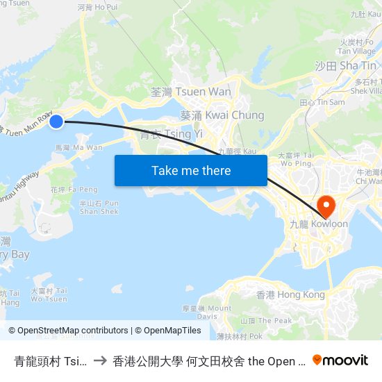 青龍頭村 Tsing Lung Tau Tsuen to 香港公開大學 何文田校舍 the Open University Of Hong Kong Ho Man Tin Campus map