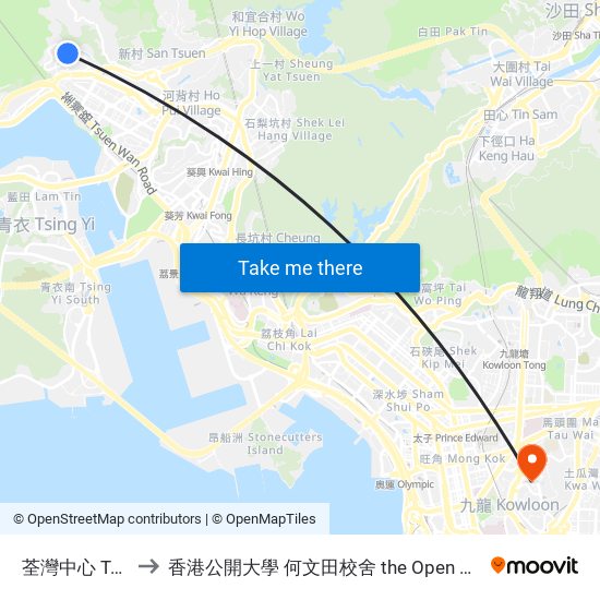 荃灣中心 Tsuen Wan Centre to 香港公開大學 何文田校舍 the Open University Of Hong Kong Ho Man Tin Campus map