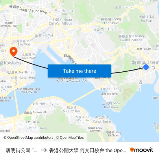 唐明街公園 Tong Ming Street Park to 香港公開大學 何文田校舍 the Open University Of Hong Kong Ho Man Tin Campus map