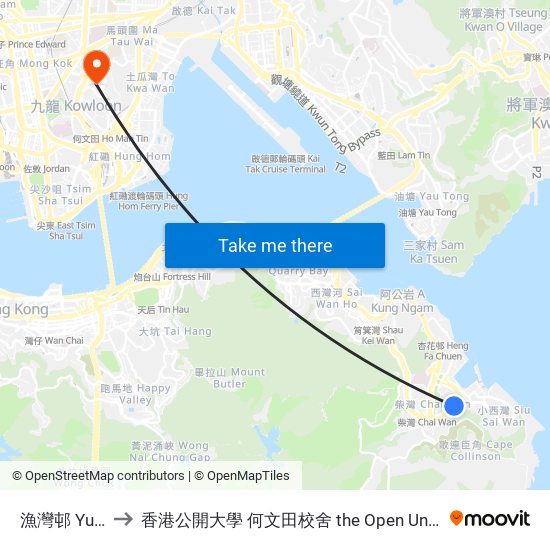 漁灣邨 Yue Wan Estate to 香港公開大學 何文田校舍 the Open University Of Hong Kong Ho Man Tin Campus map