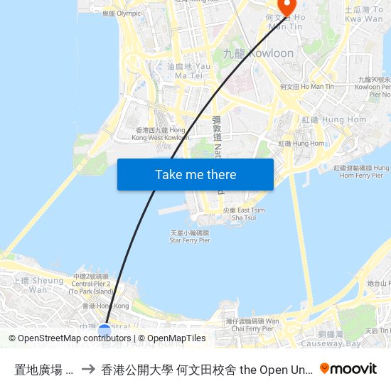 置地廣場 the Landmark to 香港公開大學 何文田校舍 the Open University Of Hong Kong Ho Man Tin Campus map