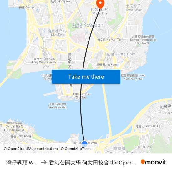 灣仔碼頭 Wan Chai Ferry Pier to 香港公開大學 何文田校舍 the Open University Of Hong Kong Ho Man Tin Campus map