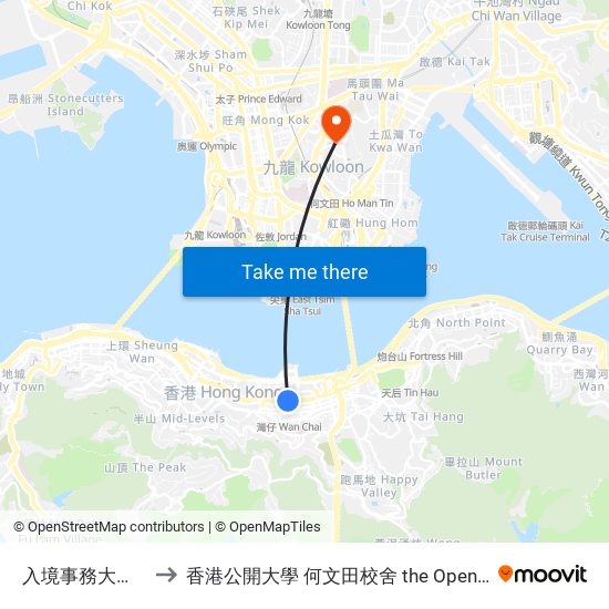入境事務大樓 Immigration Tower to 香港公開大學 何文田校舍 the Open University Of Hong Kong Ho Man Tin Campus map