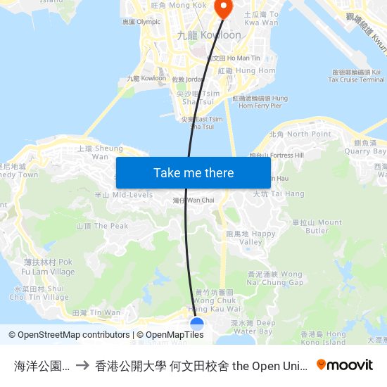 海洋公園 Ocean Park to 香港公開大學 何文田校舍 the Open University Of Hong Kong Ho Man Tin Campus map