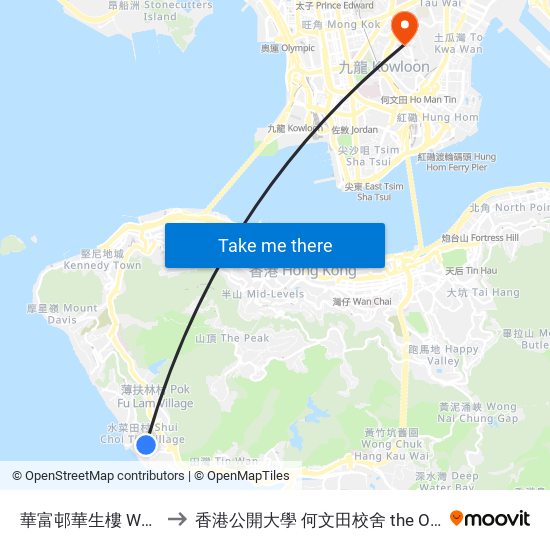 華富邨華生樓 Wah Sang House Wah Fu Estate to 香港公開大學 何文田校舍 the Open University Of Hong Kong Ho Man Tin Campus map