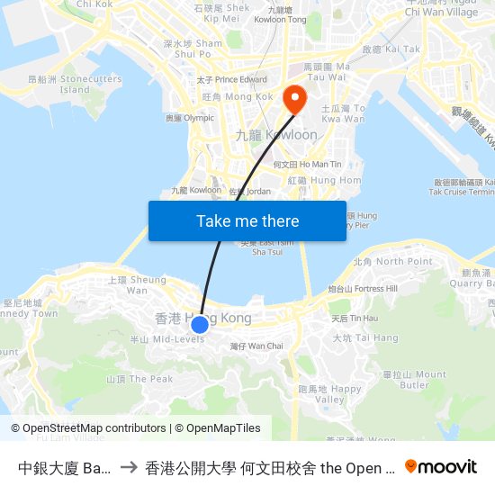 中銀大廈 Bank Of China Tower to 香港公開大學 何文田校舍 the Open University Of Hong Kong Ho Man Tin Campus map