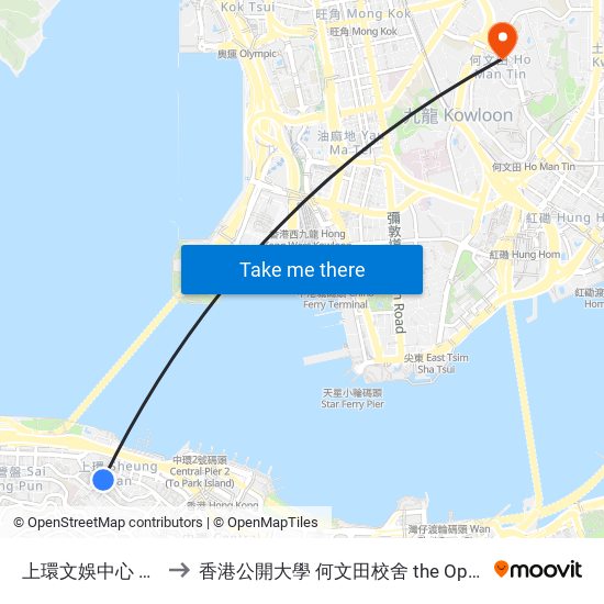上環文娛中心 Sheung Wan Civic Centre to 香港公開大學 何文田校舍 the Open University Of Hong Kong Ho Man Tin Campus map