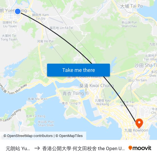 元朗站 Yuen Long Station to 香港公開大學 何文田校舍 the Open University Of Hong Kong Ho Man Tin Campus map