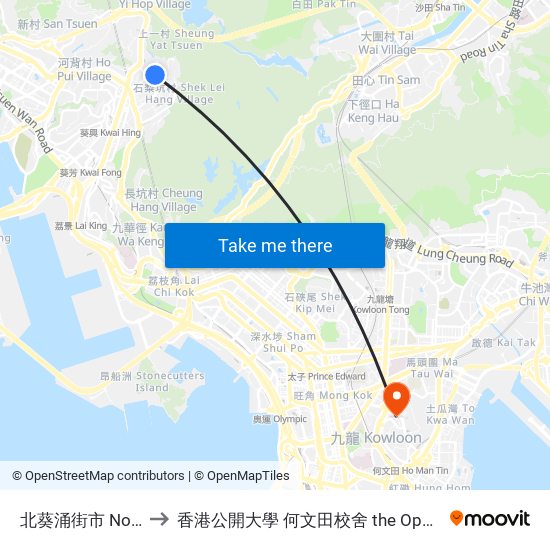 北葵涌街市 North Kwai Chung Market to 香港公開大學 何文田校舍 the Open University Of Hong Kong Ho Man Tin Campus map