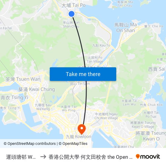 運頭塘邨 Wan Tau Tong Estate to 香港公開大學 何文田校舍 the Open University Of Hong Kong Ho Man Tin Campus map