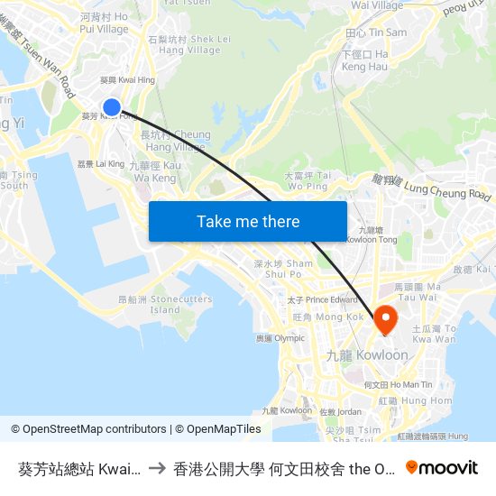 葵芳站總站 Kwai Fong Station Bus Terminus to 香港公開大學 何文田校舍 the Open University Of Hong Kong Ho Man Tin Campus map