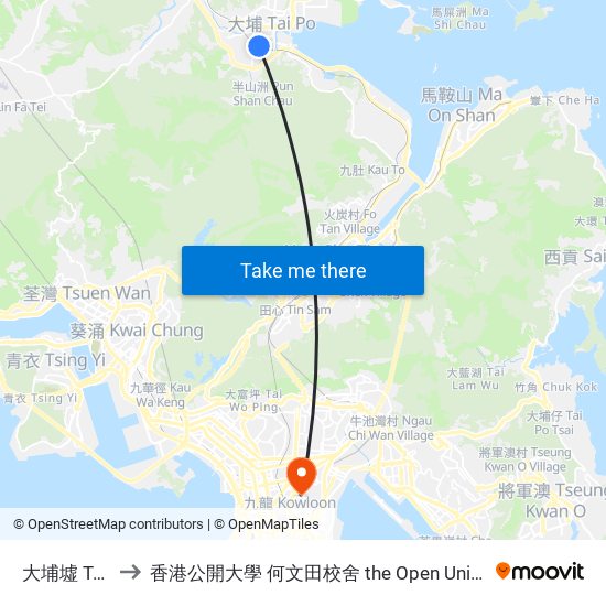 大埔墟 Tai Po Market to 香港公開大學 何文田校舍 the Open University Of Hong Kong Ho Man Tin Campus map