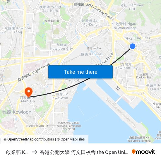 啟業邨 Kai Yip Estate to 香港公開大學 何文田校舍 the Open University Of Hong Kong Ho Man Tin Campus map