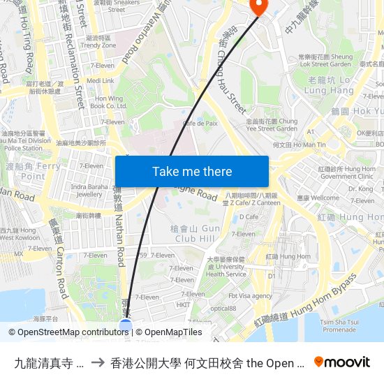 九龍清真寺 Kowloon Mosque to 香港公開大學 何文田校舍 the Open University Of Hong Kong Ho Man Tin Campus map