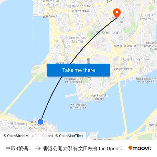 中環3號碼頭 Central Pier 3 to 香港公開大學 何文田校舍 the Open University Of Hong Kong Ho Man Tin Campus map