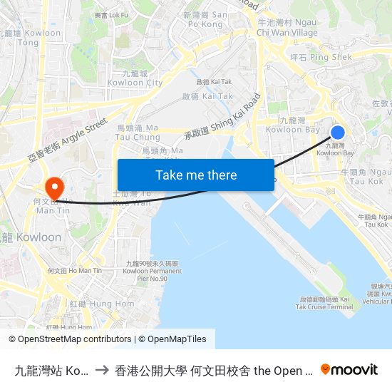 九龍灣站 Kowloon Bay Station to 香港公開大學 何文田校舍 the Open University Of Hong Kong Ho Man Tin Campus map