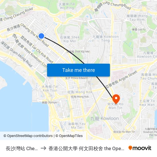 長沙灣站 Cheung Sha Wan Station to 香港公開大學 何文田校舍 the Open University Of Hong Kong Ho Man Tin Campus map