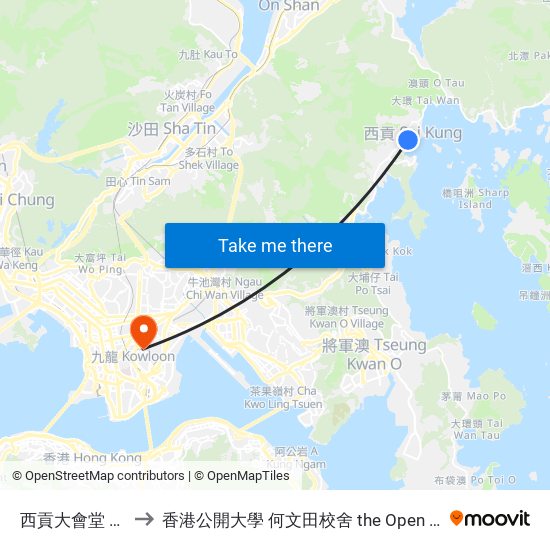 西貢大會堂 Sai Kung Town Hall to 香港公開大學 何文田校舍 the Open University Of Hong Kong Ho Man Tin Campus map