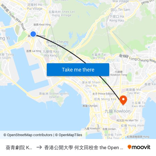 葵青劇院 Kwai Tsing Theatre to 香港公開大學 何文田校舍 the Open University Of Hong Kong Ho Man Tin Campus map