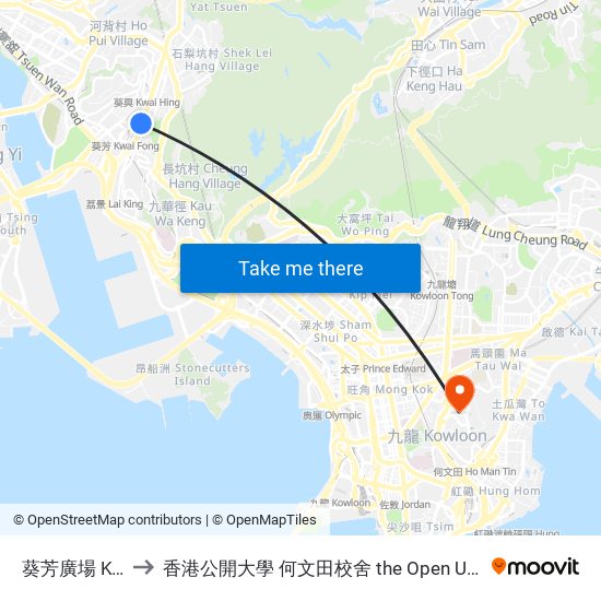 葵芳廣場 Kwai Fong Plaza to 香港公開大學 何文田校舍 the Open University Of Hong Kong Ho Man Tin Campus map