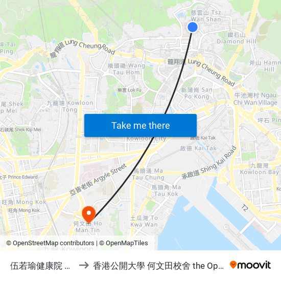 伍若瑜健康院 Wu York Yu Health Centre to 香港公開大學 何文田校舍 the Open University Of Hong Kong Ho Man Tin Campus map