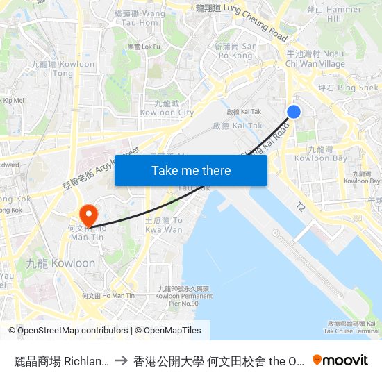 麗晶商場 Richland Gardens Shopping Centre to 香港公開大學 何文田校舍 the Open University Of Hong Kong Ho Man Tin Campus map