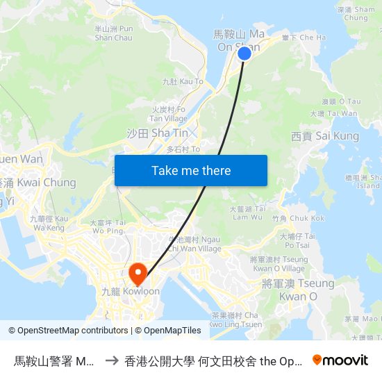 馬鞍山警署 MA on Shan Police Station to 香港公開大學 何文田校舍 the Open University Of Hong Kong Ho Man Tin Campus map