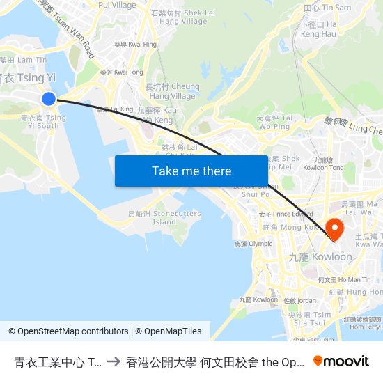 青衣工業中心 Tsing Yi Industrial Centre to 香港公開大學 何文田校舍 the Open University Of Hong Kong Ho Man Tin Campus map