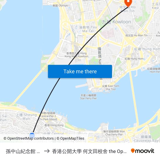 孫中山紀念館 Dr Sun Yat-Sen Museum to 香港公開大學 何文田校舍 the Open University Of Hong Kong Ho Man Tin Campus map