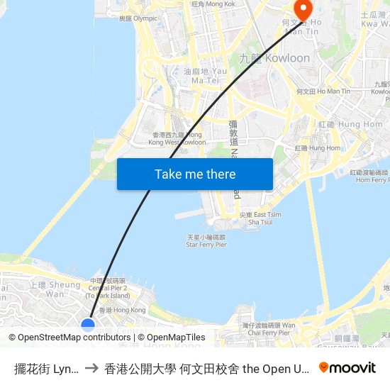 擺花街 Lyndhurst Terrace to 香港公開大學 何文田校舍 the Open University Of Hong Kong Ho Man Tin Campus map
