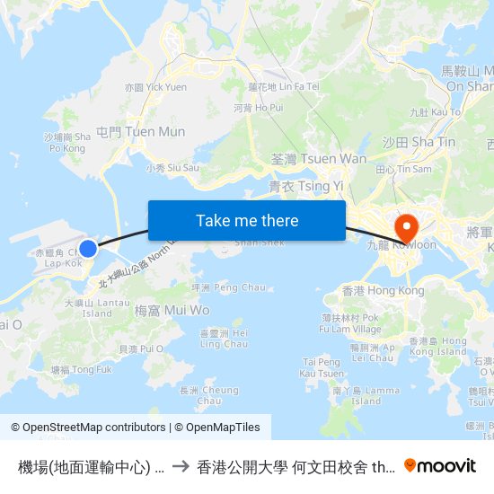 機場(地面運輸中心) Airport (Ground Transportation Centre) to 香港公開大學 何文田校舍 the Open University Of Hong Kong Ho Man Tin Campus map