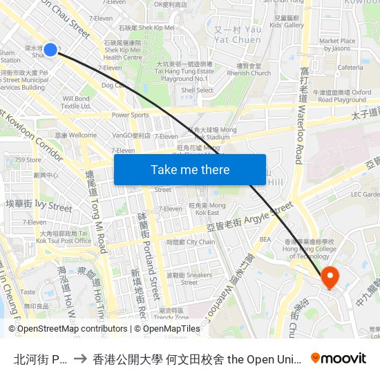 北河街 Pei Ho Street to 香港公開大學 何文田校舍 the Open University Of Hong Kong Ho Man Tin Campus map