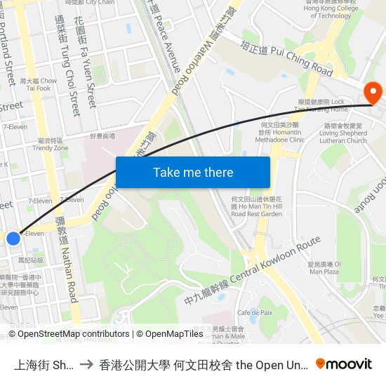 上海街 Shanghai Street to 香港公開大學 何文田校舍 the Open University Of Hong Kong Ho Man Tin Campus map