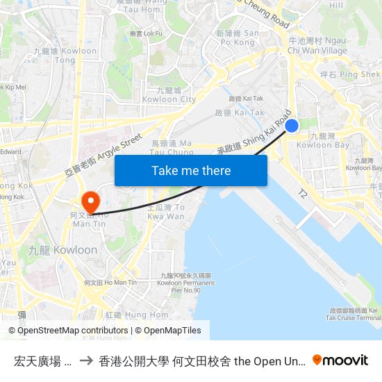 宏天廣場 Skyline Tower to 香港公開大學 何文田校舍 the Open University Of Hong Kong Ho Man Tin Campus map