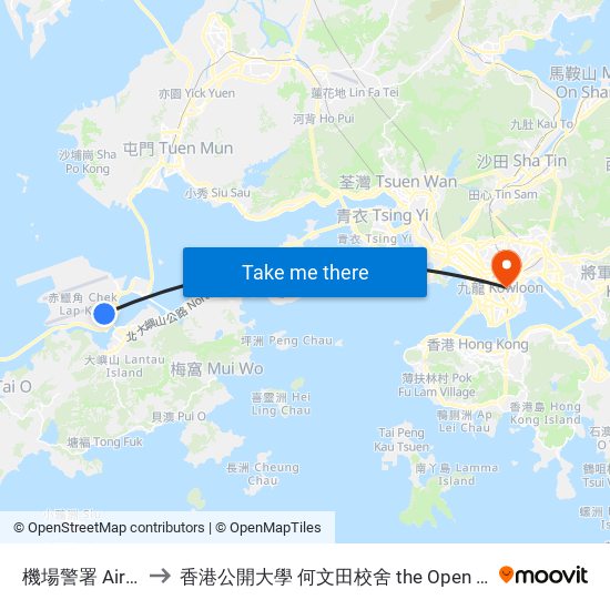 機場警署 Airport Police Station to 香港公開大學 何文田校舍 the Open University Of Hong Kong Ho Man Tin Campus map