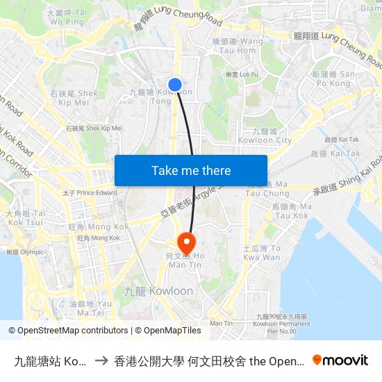 九龍塘站 Kowloon Tong Station to 香港公開大學 何文田校舍 the Open University Of Hong Kong Ho Man Tin Campus map