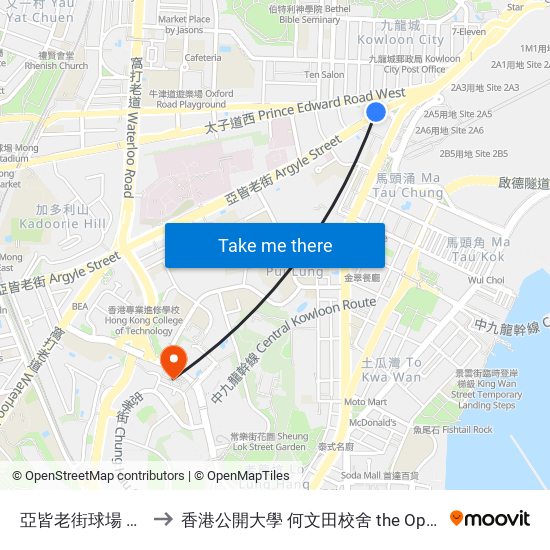 亞皆老街球場 Argyle Street Playground to 香港公開大學 何文田校舍 the Open University Of Hong Kong Ho Man Tin Campus map