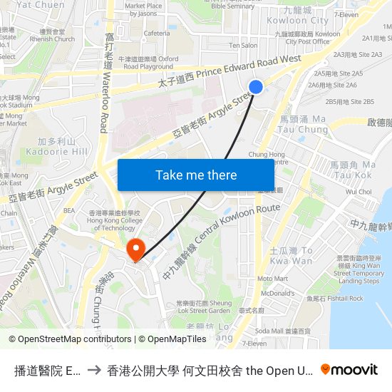 播道醫院 Evangel Hospital to 香港公開大學 何文田校舍 the Open University Of Hong Kong Ho Man Tin Campus map
