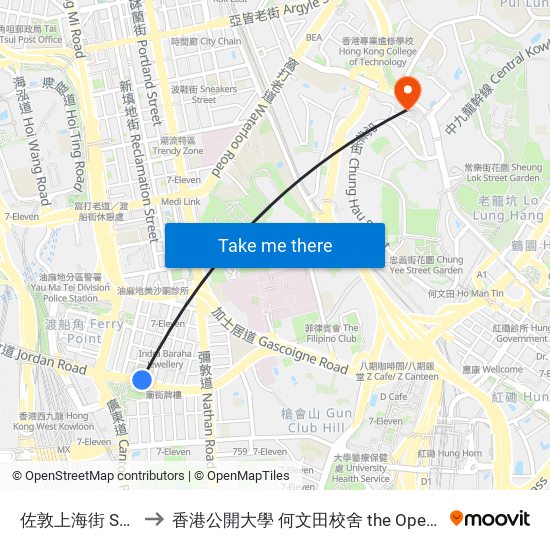 佐敦上海街 Shanghai Street Jordan to 香港公開大學 何文田校舍 the Open University Of Hong Kong Ho Man Tin Campus map