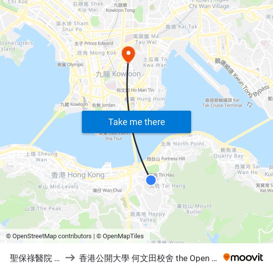 聖保祿醫院 St. Paul's Hospital to 香港公開大學 何文田校舍 the Open University Of Hong Kong Ho Man Tin Campus map