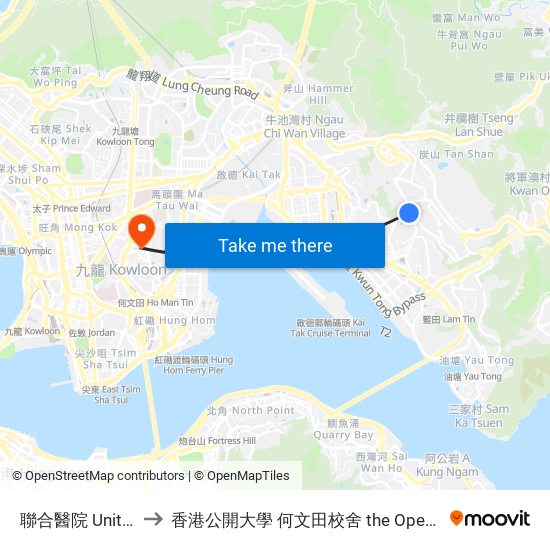 聯合醫院 United Christian Hospital to 香港公開大學 何文田校舍 the Open University Of Hong Kong Ho Man Tin Campus map