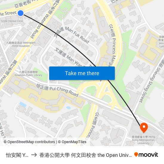怡安閣 Yee on Court to 香港公開大學 何文田校舍 the Open University Of Hong Kong Ho Man Tin Campus map